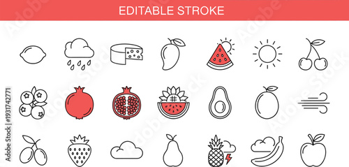 Editable stroke fruit and food line icon set with watermelon pineapple pomegranate avocado and fresh organic outline symbols isolated on white background