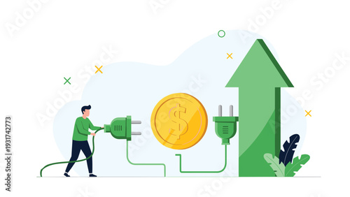 Professional investor connecting a green power cable to a gold coin to drive sustainable financial growth and green energy profit.