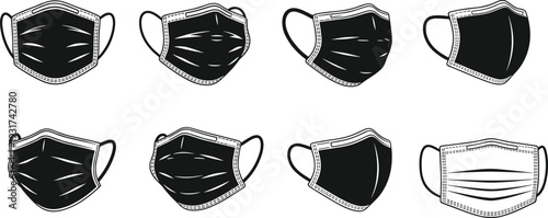 Black vector illustration set of eight different protective face masks with unique designs, pleating styles, ear loops, medical safety equipment