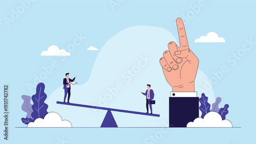 Businessman on a seesaw trying to balance against a powerful invisible force symbolized by a giant hand pointing upwards.