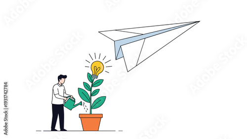 Entrepreneur nurturing a creative plant that grows a glowing lightbulb to represent the development of a new business idea.