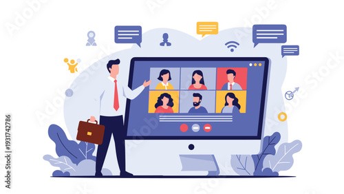 Professional manager leading an international video conference call with a diverse team of remote workers on a large screen.