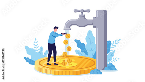 Entrepreneur catching a steady flow of gold coins from a giant faucet to build massive wealth and financial independence.