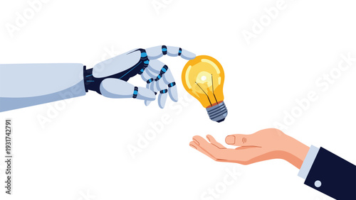 Advanced robot hand passing a brilliant creative lightbulb to a human hand to symbolize the future of AI and human cooperation.