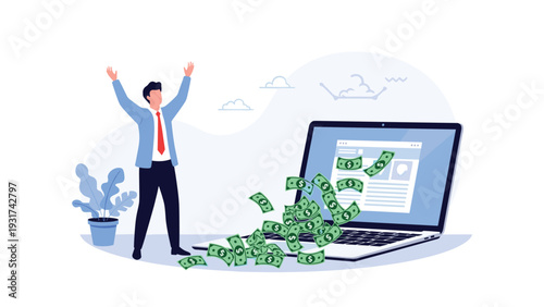 Successful online entrepreneur celebrating with arms raised as a stream of money flows out of his laptop after a big sale.
