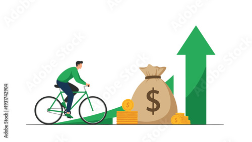 Environmentally conscious professional riding a bicycle next to a bag of money and a rising green arrow for sustainable growth.