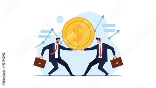 Two business partners holding a giant golden dollar coin together in front of a rising financial growth chart to show collaboration.