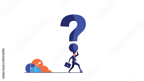 Confident businessman carrying a massive blue question mark on his shoulder symbolizing problem-solving and finding answers.