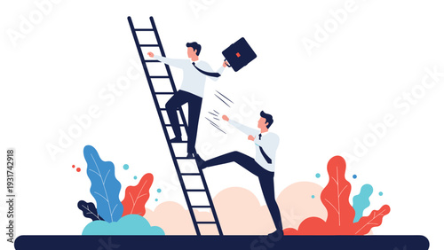 Unfair business competition shown as one man on a ladder kicking another colleague to prevent his professional advancement.