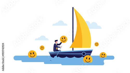 Happy man on a sailboat using an oar to gather floating golden coins with smiley faces representing customer satisfaction and profit.
