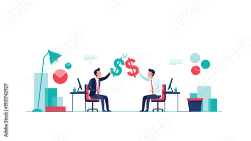 Two business colleagues sitting at their desks high-fiving using golden dollar signs to celebrate a successful financial deal.