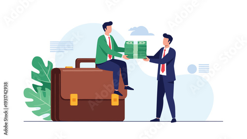 One businessman sitting on a massive briefcase giving a stack of money to another man representing a high-value transaction.