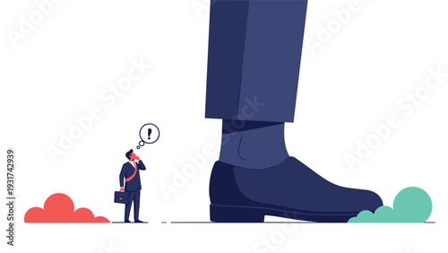 Tiny businessman with a briefcase looking up at a giant shoe representing being overshadowed by large corporate competitors.