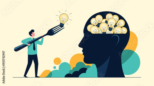 Creative man using a giant giant fork to pick a glowing lightbulb idea from a head overflowing with thoughts symbolizing brain power.