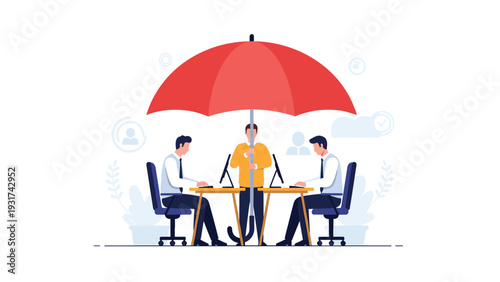 Two business professionals working at their desks under a massive red umbrella representing workplace protection and insurance.