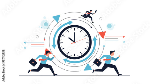 Stressed business team running in circles around a giant clock representing time pressure and strict working deadlines.