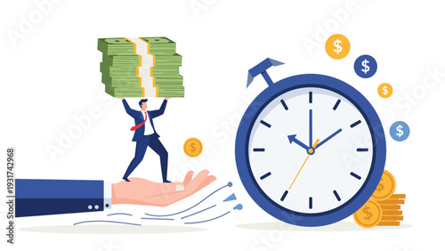 Businessman standing on huge hand and lifting heavy stack of cash bills beside big stopwatch representing time is money.