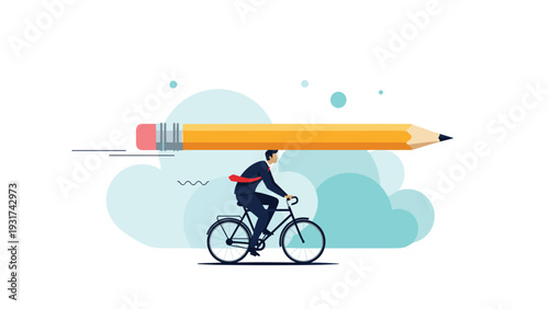 Innovative man riding a bicycle while carrying a giant yellow pencil on his back representing portable creativity and design.