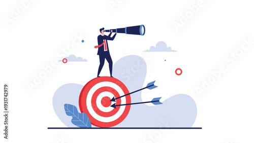 Businessman standing on top of large red target and using telescope to look into distance for future opportunities and business vision.
