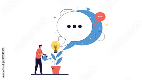 Man watering lightbulb plant in flowerpot with water can symbolizing growth of new ideas and communication in business world.