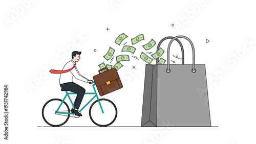 Businessman riding bicycle while cash bills fly out from his briefcase into giant shopping bag representing consumer spending.