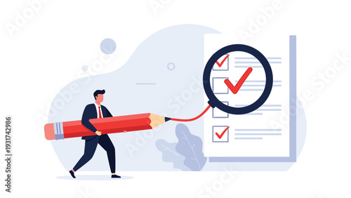 Businessman holding large red pencil and checking marks on document list viewed through giant magnifying glass for quality audit.