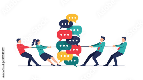 Diverse business team members playing tug of war with stack of colorful speech bubbles symbolizing communication conflict or debate.