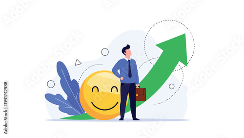 Happy businessman standing next to huge yellow smiley face and upward green growth arrow symbolizing success and positive results.