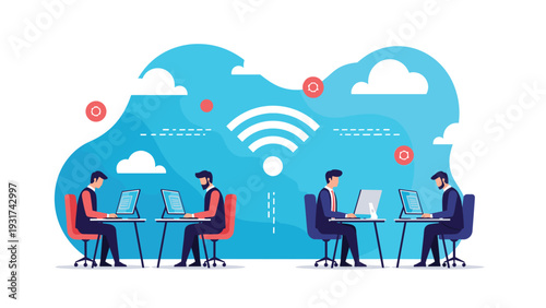 Group of business professionals working on computers in front of large blue cloud with white wifi icon representing cloud computing.