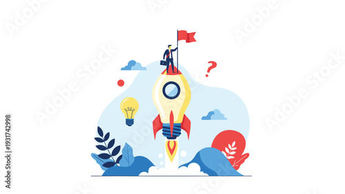 Businessman standing on lightbulb rocket ship flying through sky while holding red flag as symbol of successful business startup.
