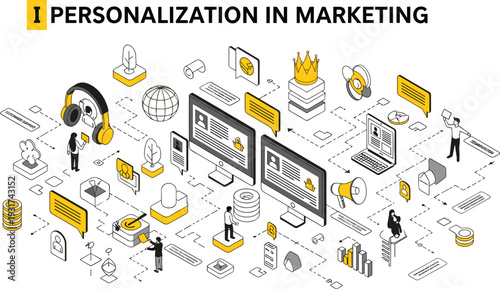 Isometric personalization in marketing concept illustration with targeted advertising data analytics customer segmentation and digital campaign strategy isolated on white background