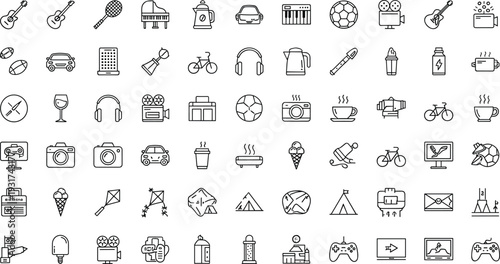 Lifestyle and Entertainment Thin Line Icons Set with Music Sports Travel Food Gaming and Everyday Activity Symbols Vector Collection