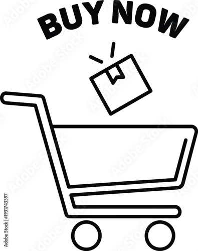 E commerce shopping cart icon with buy now tag for online store promotions and sales