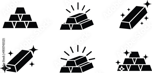 Black vector illustration set of six different gold bar icons with sparkles, pyramid stacks, shining lines, wealth, finance, luxury design