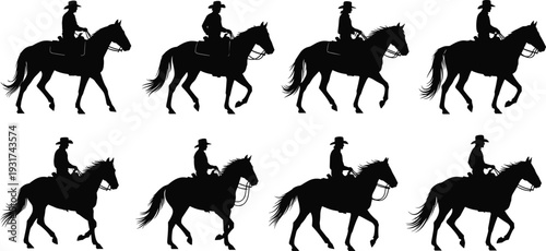 Cowboy riding horse silhouettes in various poses isolated on white background western ranch lifestyle vector illustration set