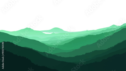 Vector Emerald Vista A layered panorama of undulating hills in varying shades of jade and forest green, evoking a sense of tranquility.