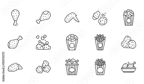 A set of minimalist line art icons depicting various fast food items, including chicken, fries, and snacks.