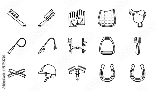 A set of black and white line art icons depicting various horse riding and horse care tools and equipment.