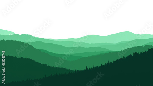 Vector Emerald Panorama. Serene vista of rolling mountains. The verdant slopes create a calming, natural sanctuary. A harmonious color gradient portrays a sense of depth and tranquility.
