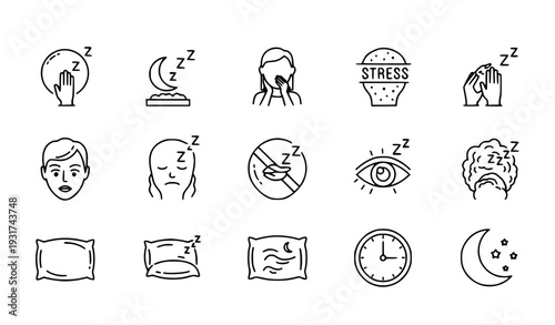 A set of minimalist line art icons illustrating various aspects of sleep and insomnia, including stress, dreams, and restful slumber.