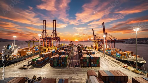 Shipping Port at Sunset - Containers, Cranes, and Cargo Ships.