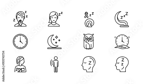A set of minimalist vector icons illustrating various aspects of sleep and rest, including people sleeping, clocks, and dream symbols.