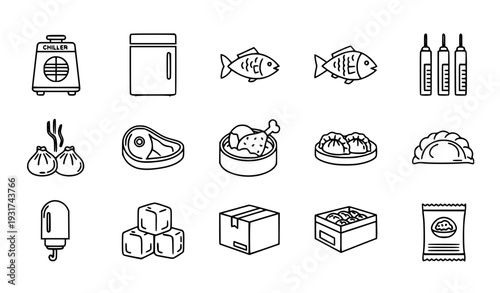 A set of black and white line art icons depicting various food storage and preparation items