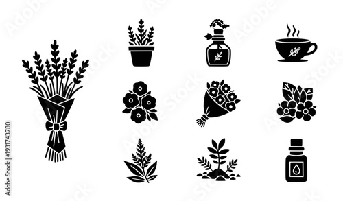 A set of minimalist black silhouettes featuring various botanical illustrations and herbal icons on a white background.