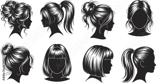 Black and white vector illustration of women hairstyles silhouettes featuring ponytail, bun, bob and profile views for beauty salon branding design collection