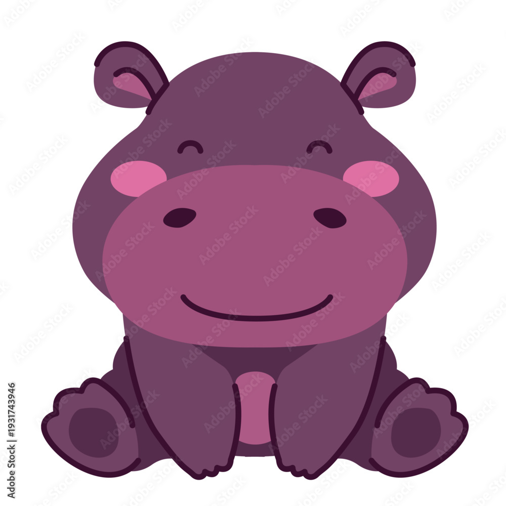 Fototapeta premium Cute purple hippo illustration. Kawaii baby hippopotamus character sitting and smiling. Minimalist flat vector art for safari themes, nursery decor, kids stickers, and children's book illustration. Ad