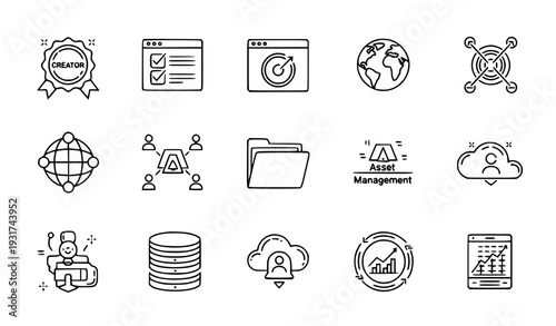 A set of black and white line art icons representing various concepts in business and technology