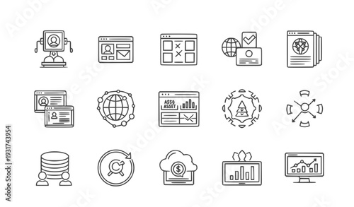 A set of line art icons depicting various business and technology concepts in a minimal flat design style.