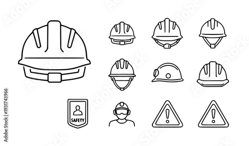 A set of construction safety icons including helmets and warning signs in a flat line art style