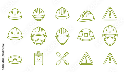 A set of construction safety icons including helmets, goggles, and warning signs in a minimal flat design style.